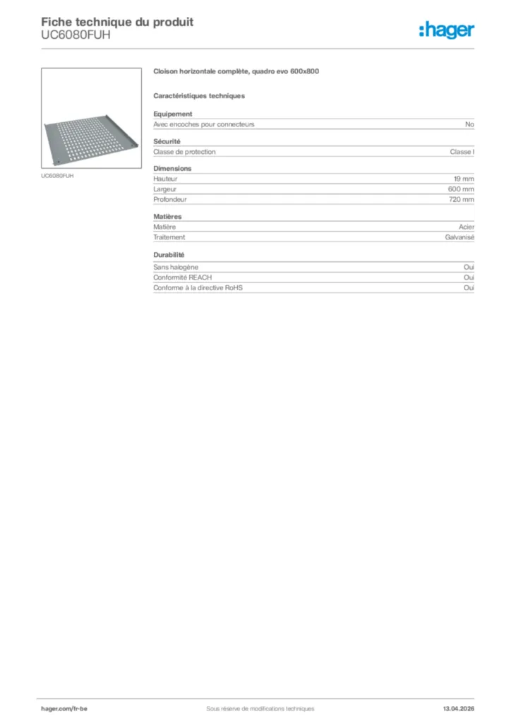 Image Hager Fiche technique du produit UC6080FUH | Hager Belgique
