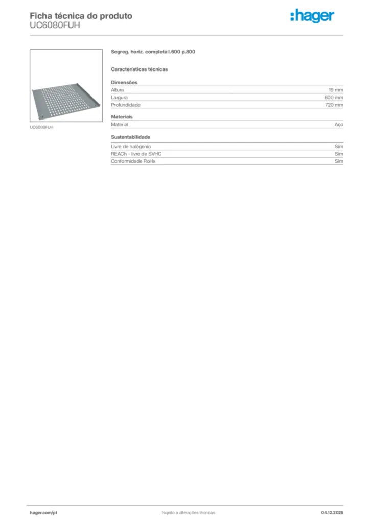 Imagem Hager Ficha técnica do produto UC6080FUH | Hager Portugal