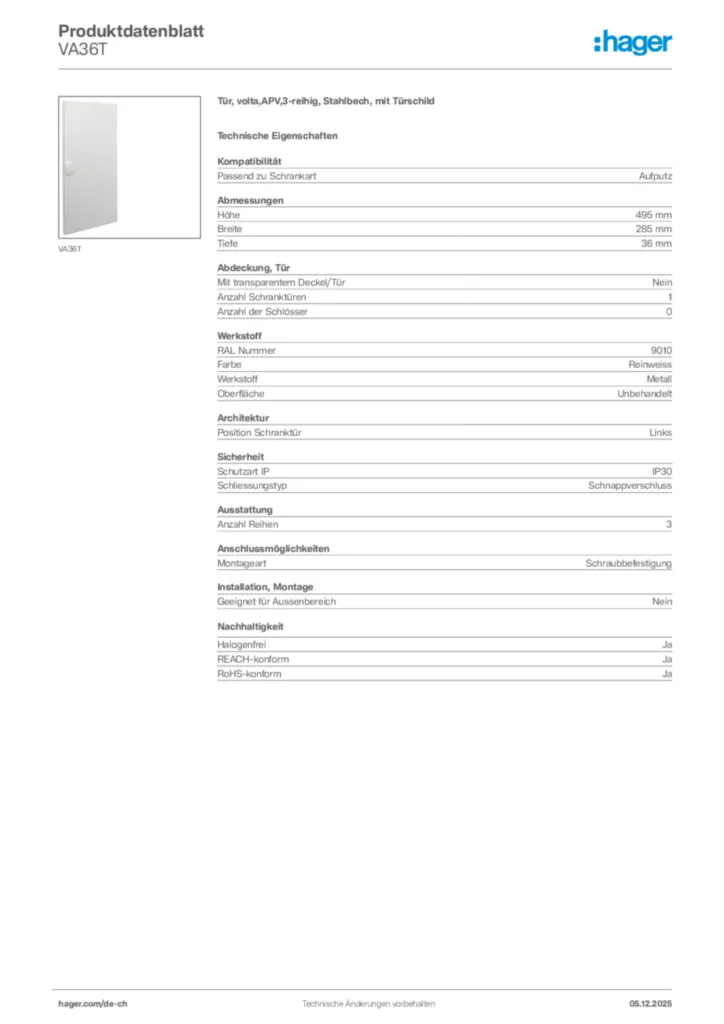 Bild Hager Produktdatenblatt VA36T | Hager Schweiz