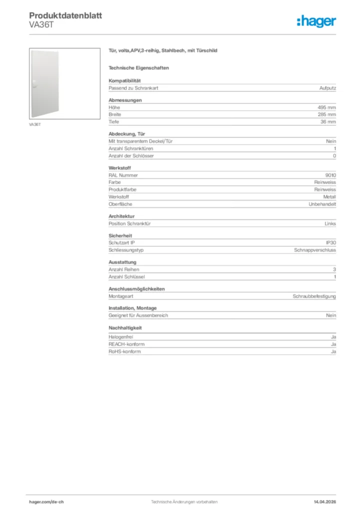Bild Hager Produktdatenblatt VA36T | Hager Schweiz