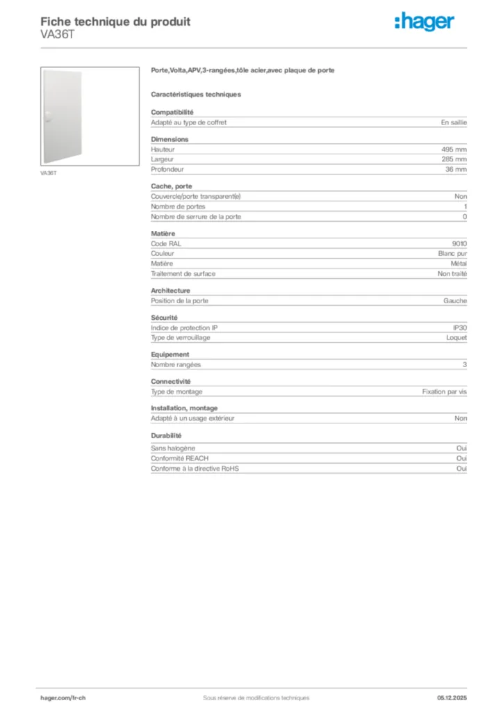 Image Hager Fiche technique du produit VA36T | Hager Suisse