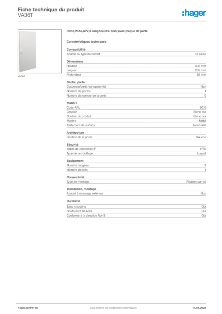 Image Hager Fiche technique du produit VA36T | Hager Suisse