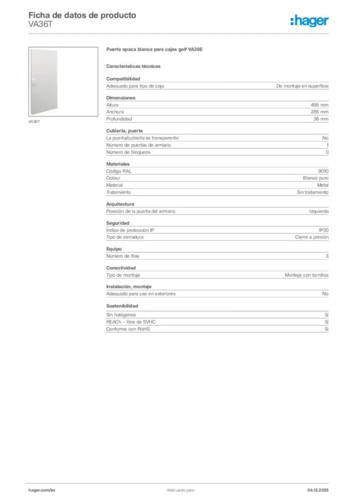 Imagen Hager Ficha de datos de producto VA36T | Hager España