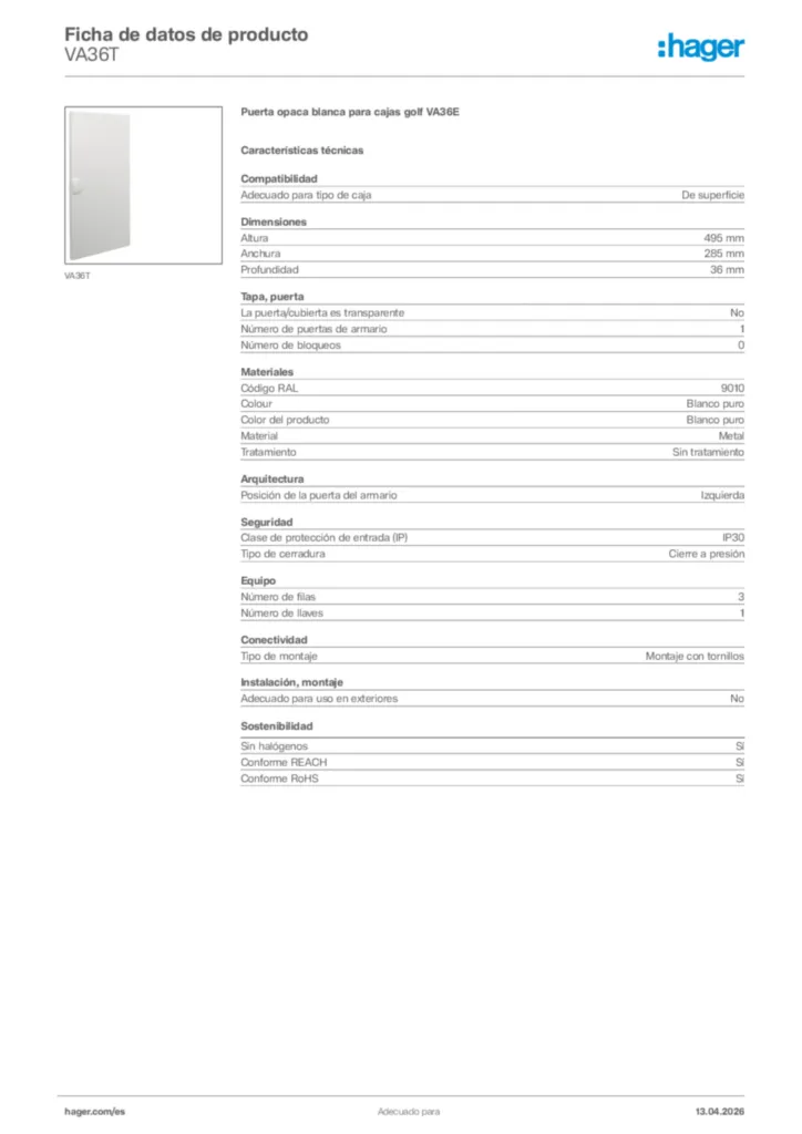 Imagen Hager Ficha de datos de producto VA36T | Hager España