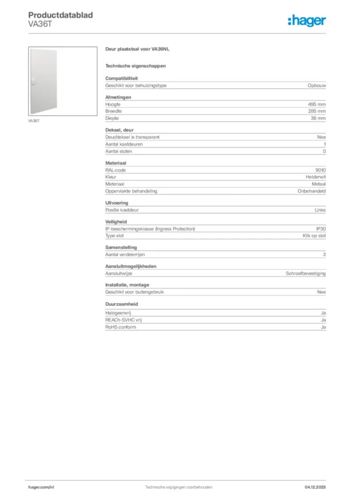 Afbeelding Hager Productdatablad VA36T | Hager Nederland