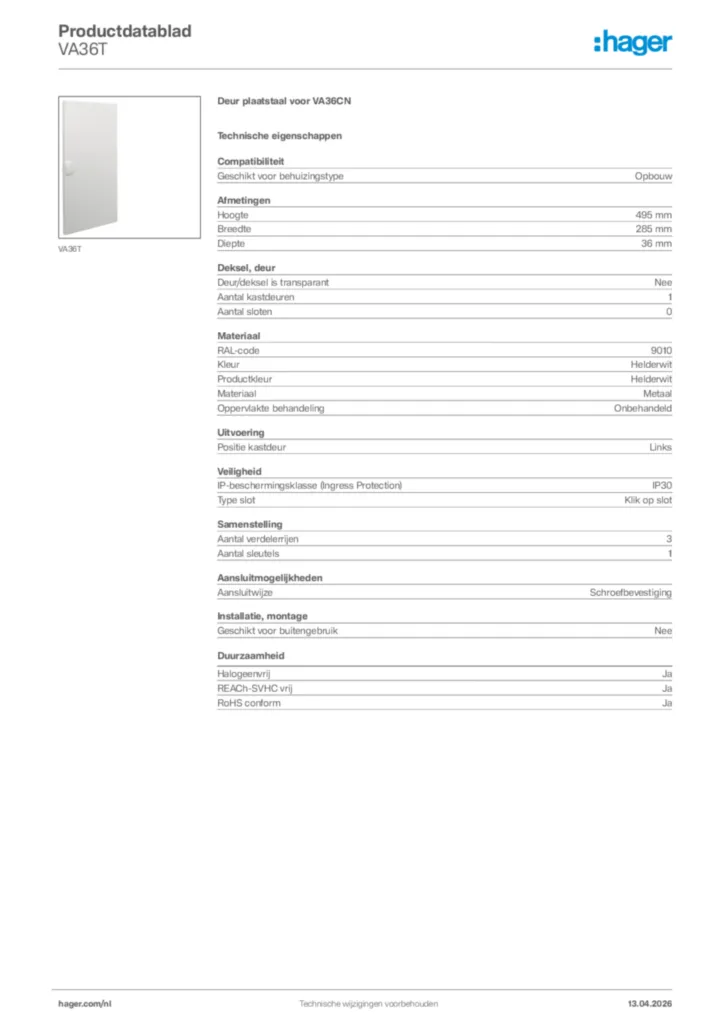 Afbeelding Hager Productdatablad VA36T | Hager Nederland