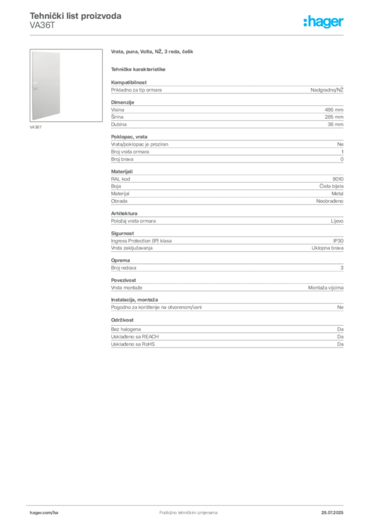 Slika Hager Product data sheet VA36T  | Hager