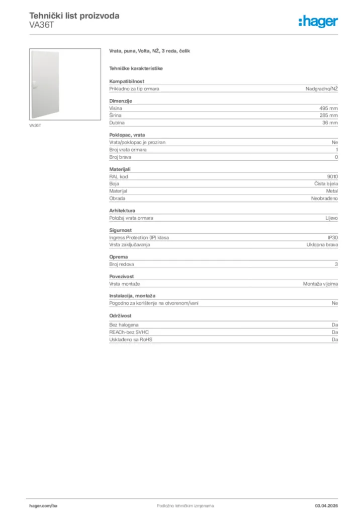Slika Hager Tehnički list proizvoda VA36T  | Hager