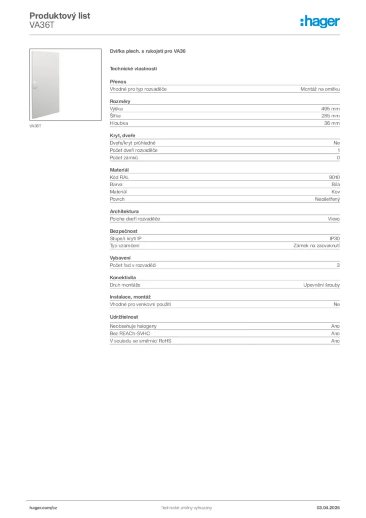 Obrázek Hager Product data sheet VA36T | Hager