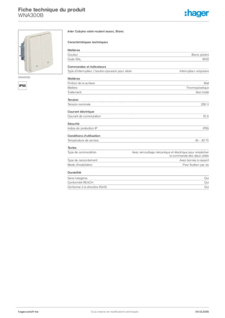 Image Hager Fiche technique du produit WNA300B | Hager Belgique