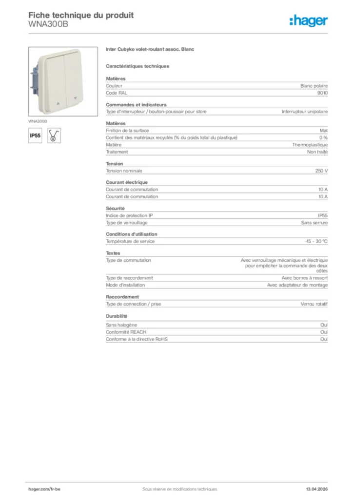 Image Hager Fiche technique du produit WNA300B | Hager Belgique
