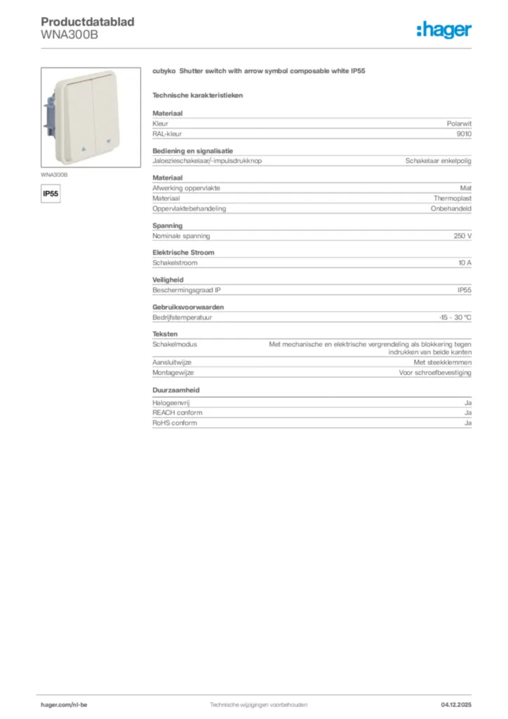 Afbeelding Hager Productdatablad WNA300B | Hager Belgium