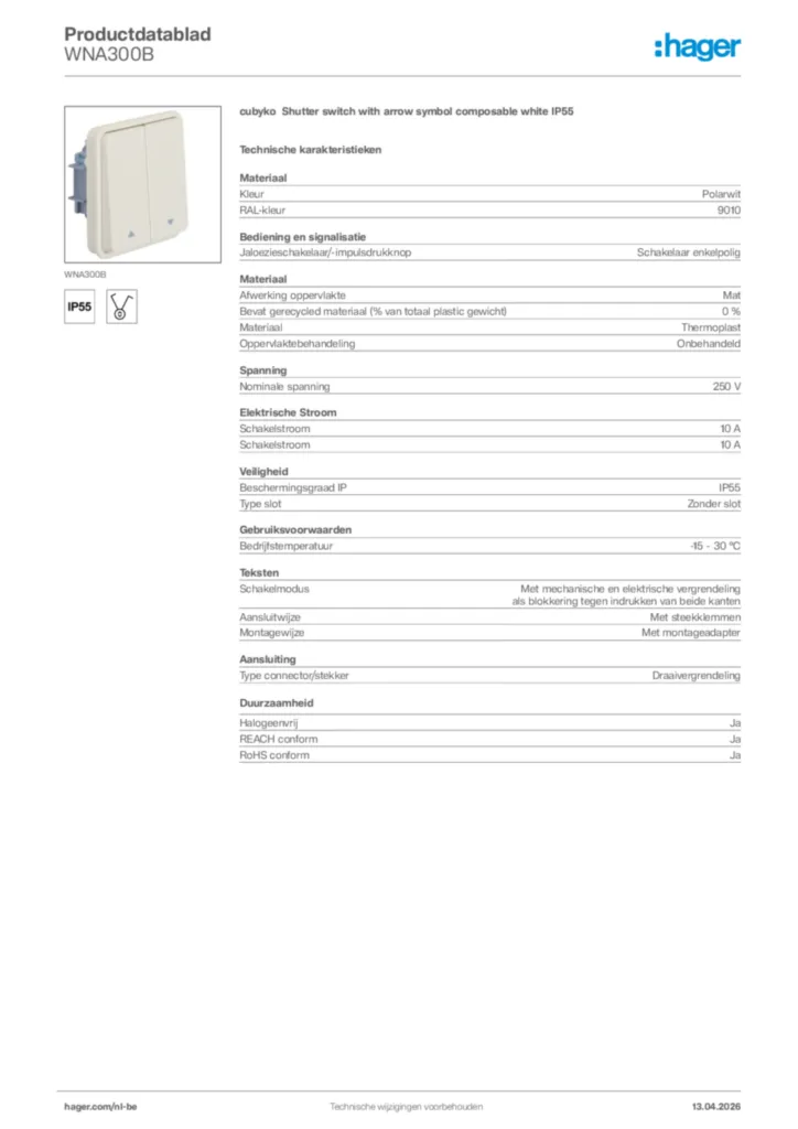Afbeelding Hager Productdatablad WNA300B | Hager Belgium