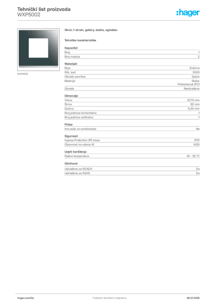 Slika Hager Product data sheet WXP5002  | Hager