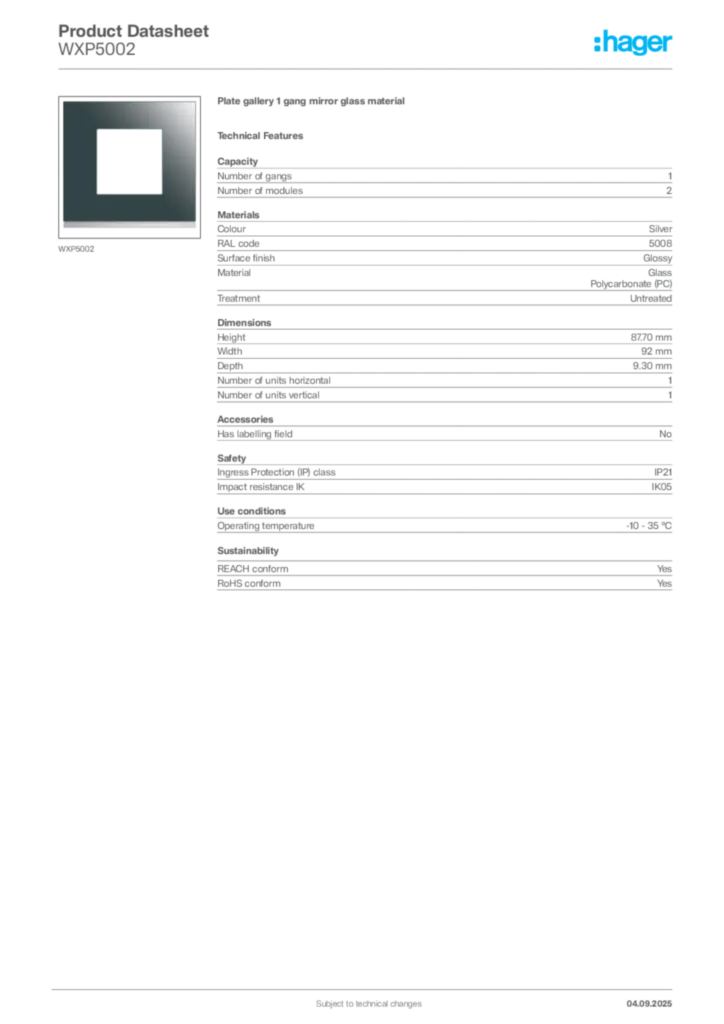 Image Hager Product data sheet WXP5002  | Hager