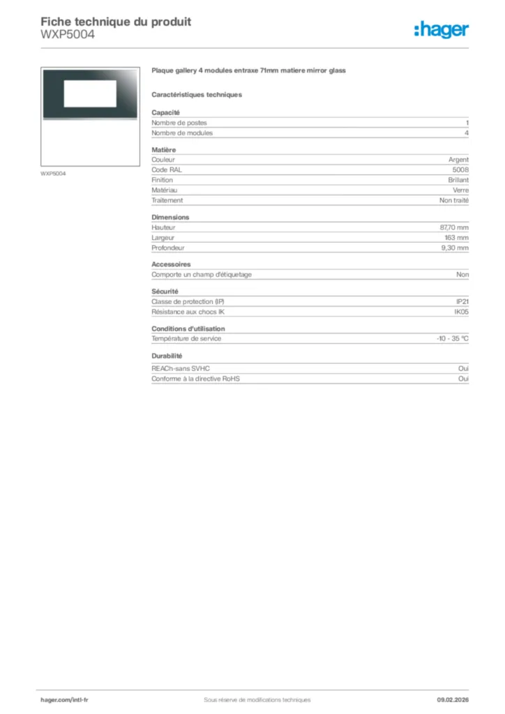 Image Hager Fiche technique du produit WXP5004 | Hager Afrique