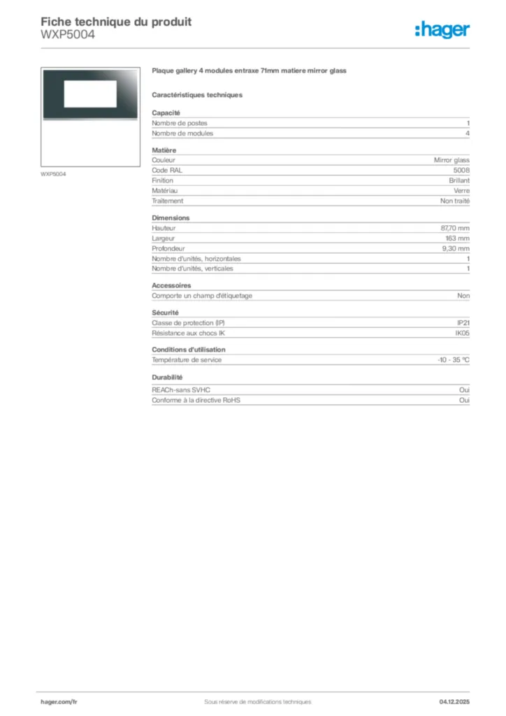 Image Hager Fiche technique du produit WXP5004 | Hager France