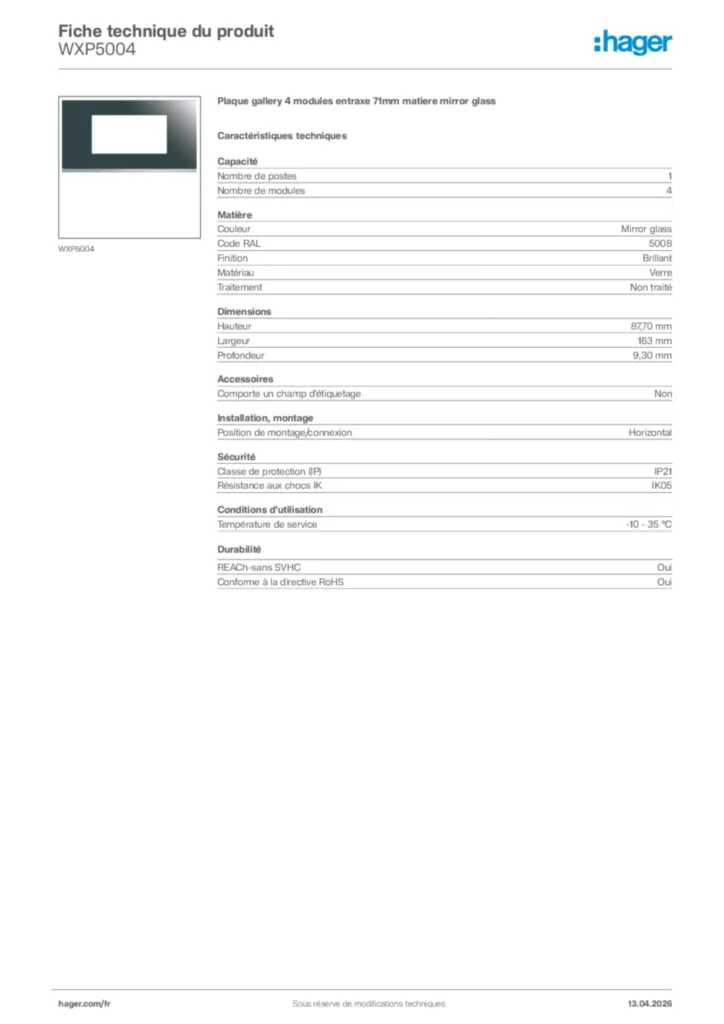 Image Hager Fiche technique du produit WXP5004 | Hager France