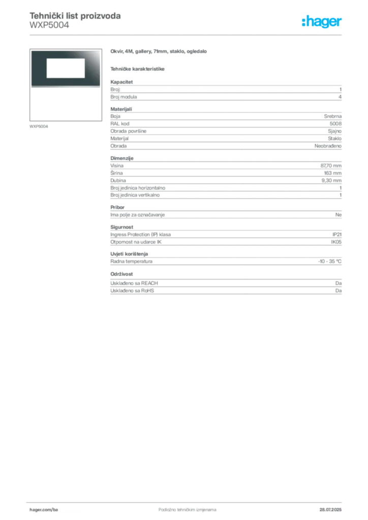 Slika Hager Product data sheet WXP5004  | Hager