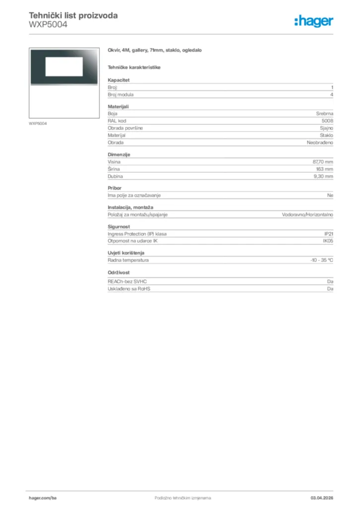 Slika Hager Tehnički list proizvoda WXP5004  | Hager