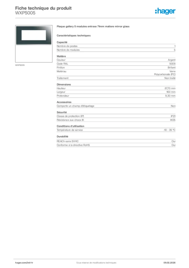 Image Hager Fiche technique du produit WXP5005 | Hager Afrique