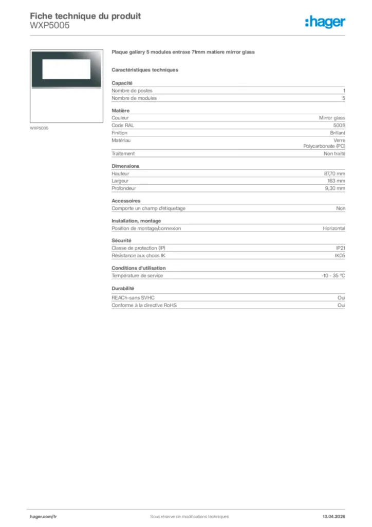 Image Hager Fiche technique du produit WXP5005 | Hager France