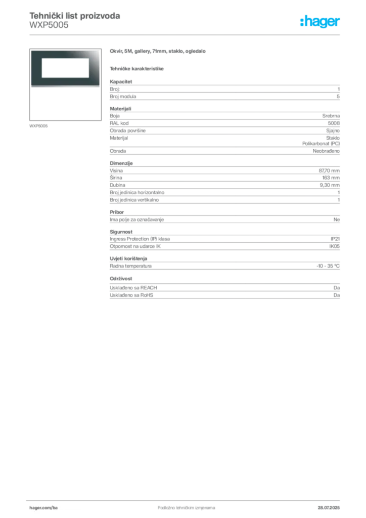 Slika Hager Product data sheet WXP5005  | Hager