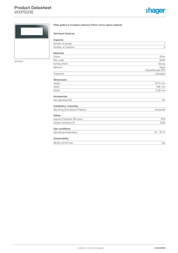 Image Hager Product data sheet WXP5006  | Hager Africa