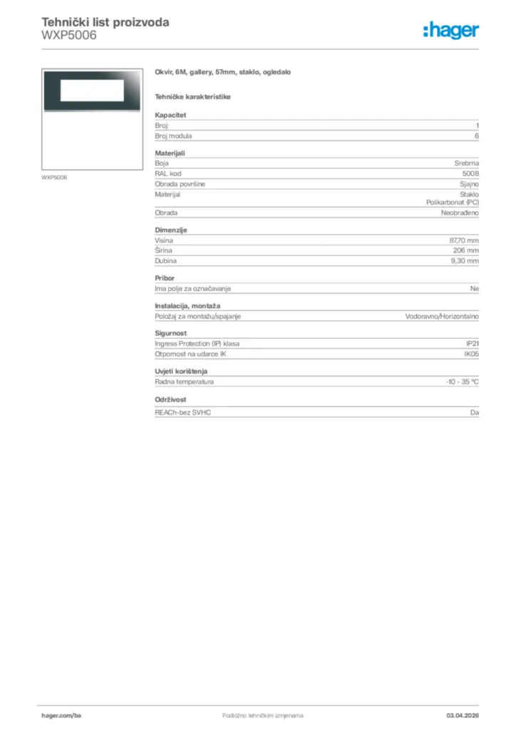 Slika Hager Tehnički list proizvoda WXP5006  | Hager