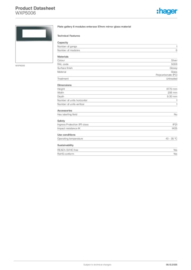 Image Hager Product data sheet WXP5006  | Hager