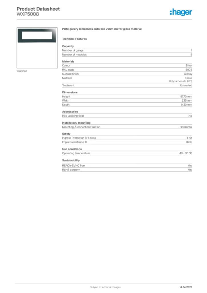 Image Hager Product data sheet WXP5008  | Hager Africa