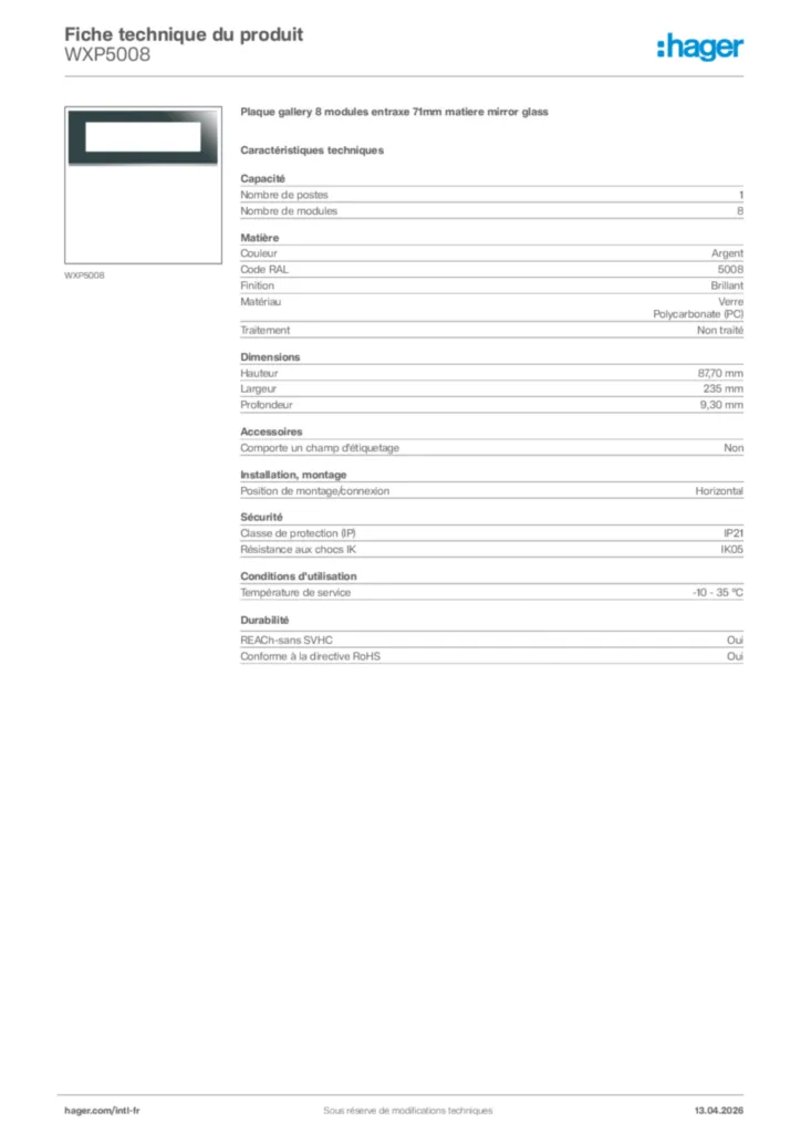 Image Hager Fiche technique du produit WXP5008 | Hager Afrique