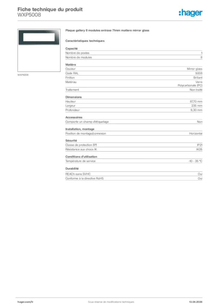 Image Hager Fiche technique du produit WXP5008 | Hager France