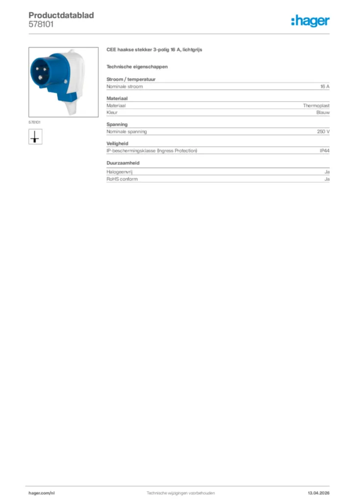 Afbeelding Hager Productdatablad 578101 | Hager Nederland