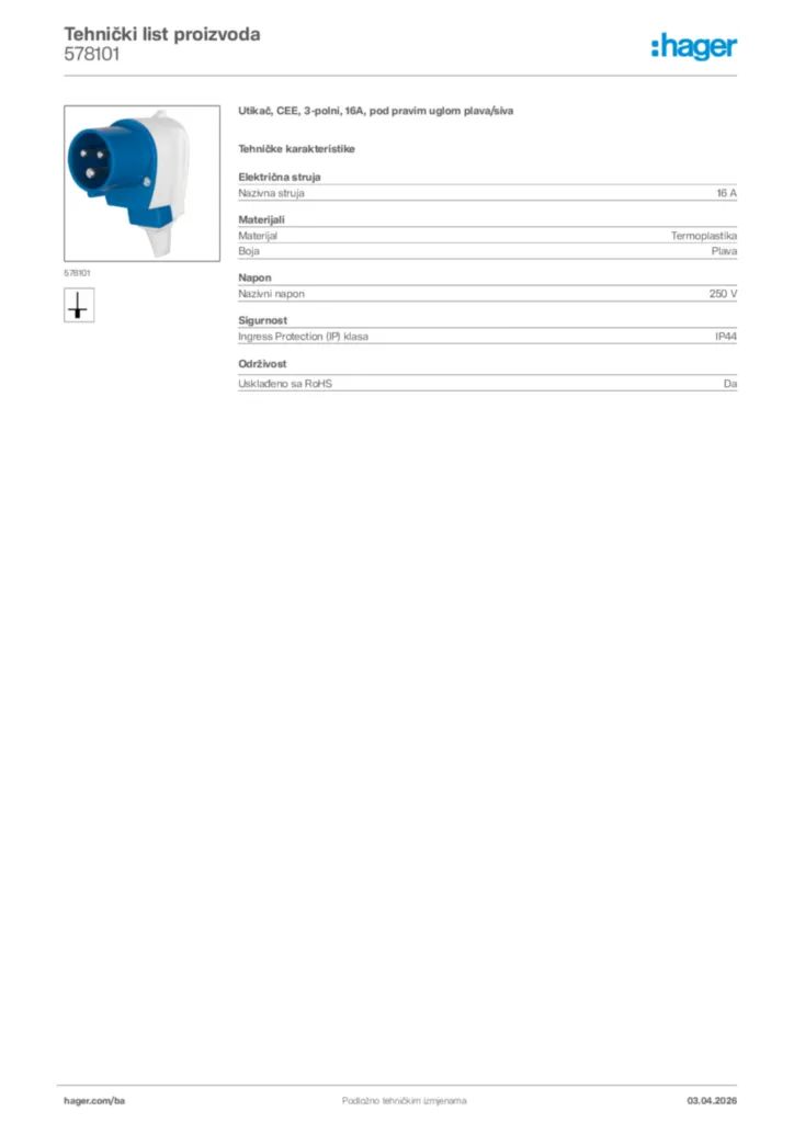 Slika Hager Tehnički list proizvoda 578101  | Hager