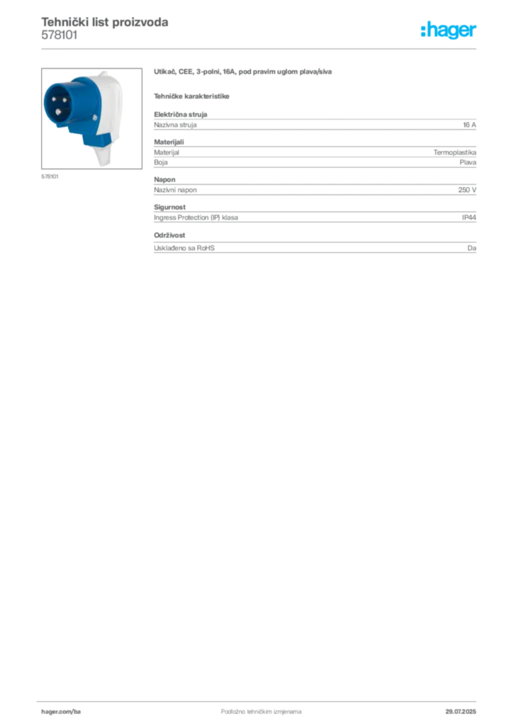 Slika Hager Product data sheet 578101  | Hager