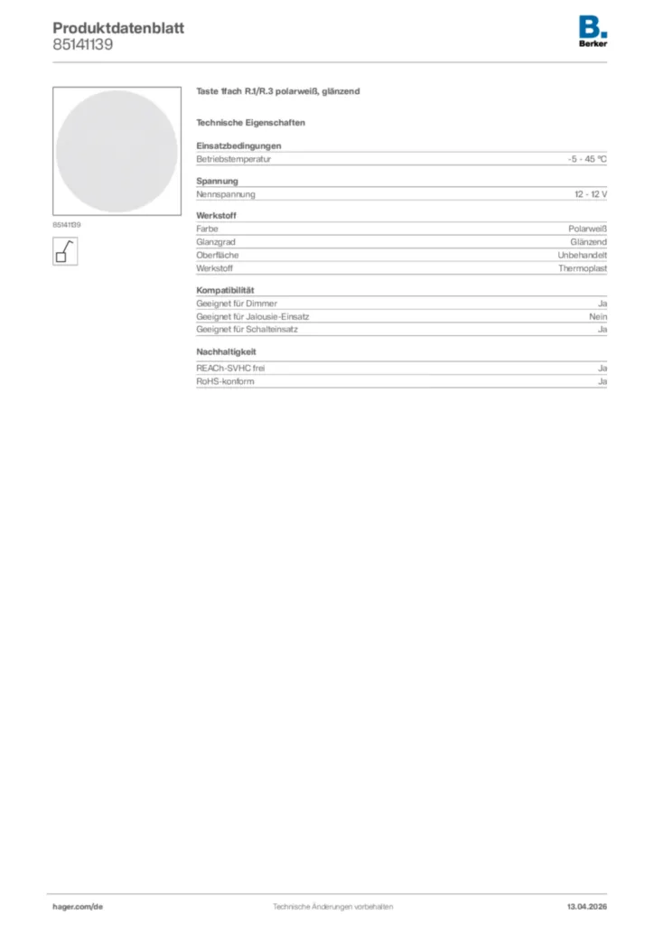 Bild Berker Produktdatenblatt 85141139 | Hager Deutschland