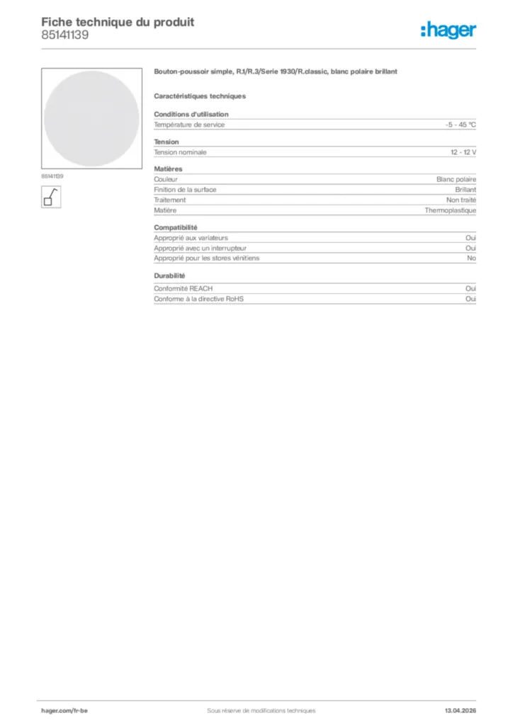 Image Hager Fiche technique du produit 85141139 | Hager Belgique