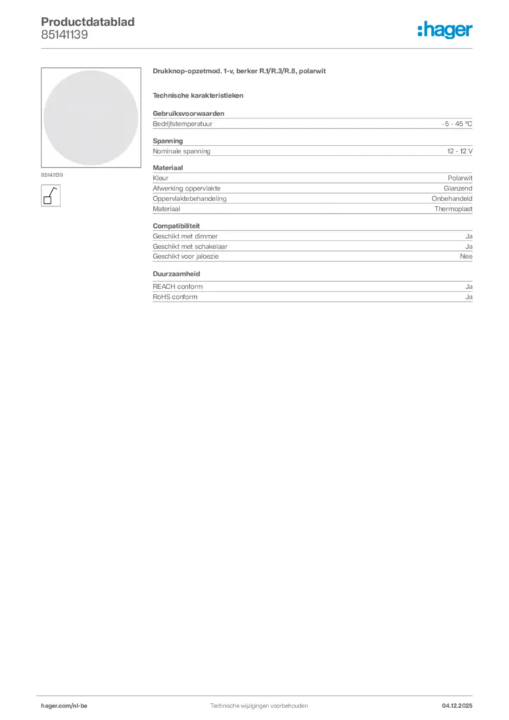 Afbeelding Hager Productdatablad 85141139 | Hager Belgium