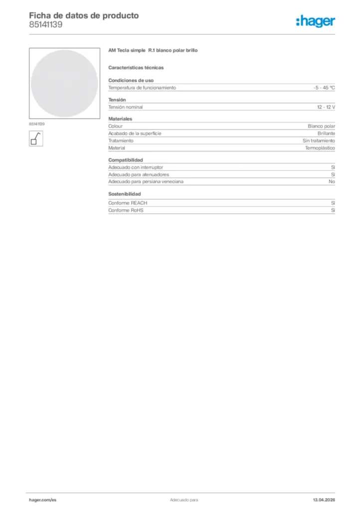Imagen Hager Ficha de datos de producto 85141139 | Hager España