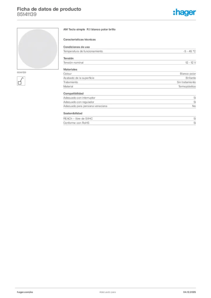 Imagen Hager Ficha de datos de producto 85141139 | Hager España