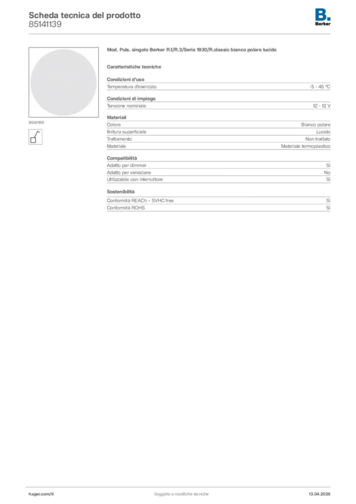 Immagine Berker Scheda tecnica del prodotto 85141139 | Hager Italia