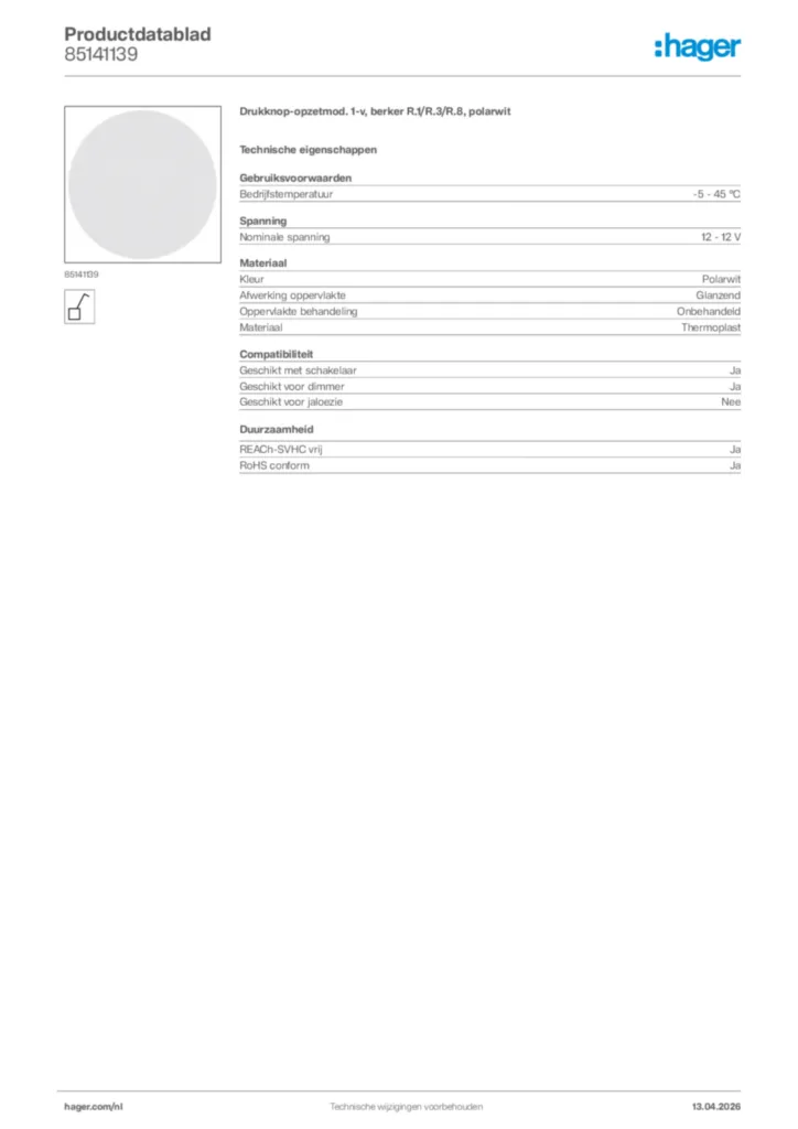 Afbeelding Hager Productdatablad 85141139 | Hager Nederland
