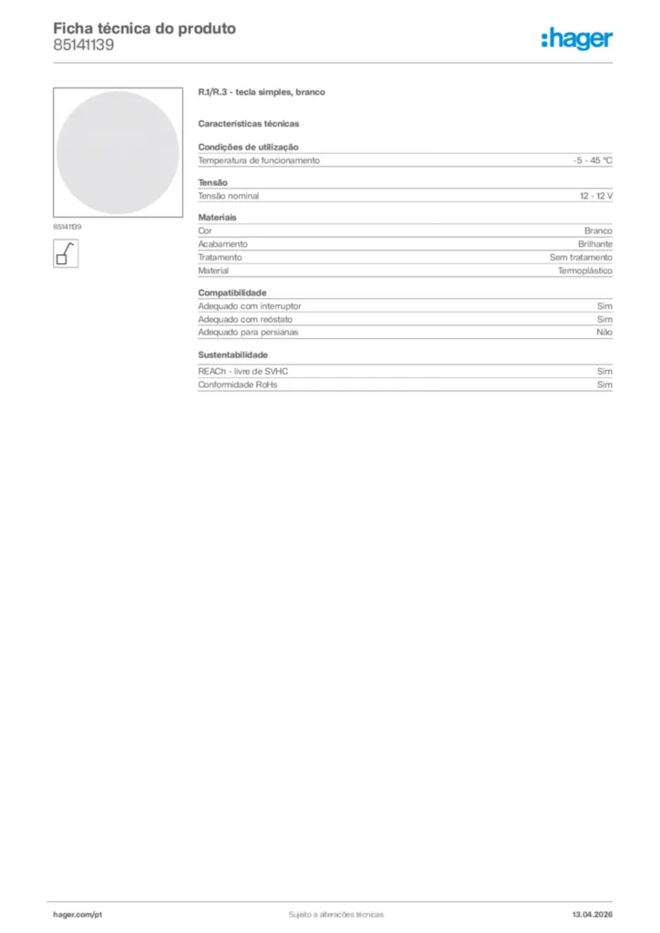 Imagem Hager Ficha técnica do produto 85141139 | Hager Portugal