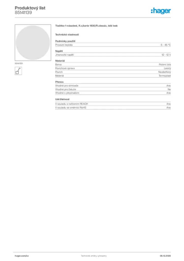 Obrázek Hager Produktový list 85141139 | Hager