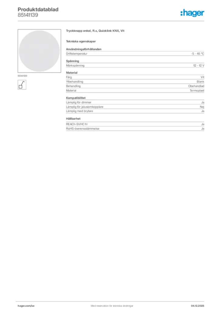 Bild Hager Produktdatablad 85141139 | Hager Sverige