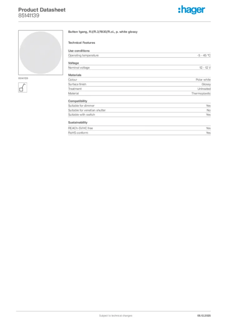 Image Hager Product data sheet 85141139  | Hager