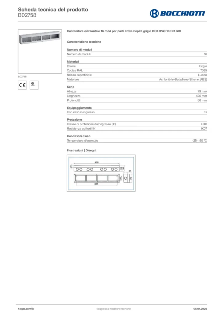 Immagine Bocchiotti Scheda tecnica del prodotto B02758 | Hager Italia