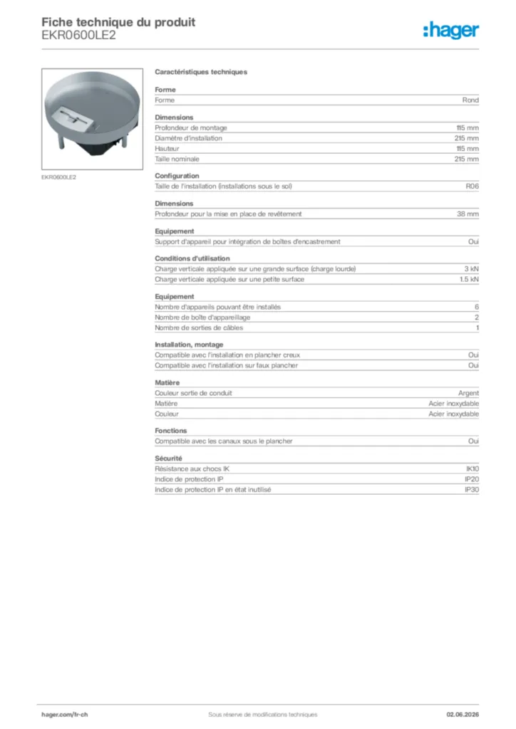Image Hager Fiche technique du produit EKR0600LE2 | Hager Suisse