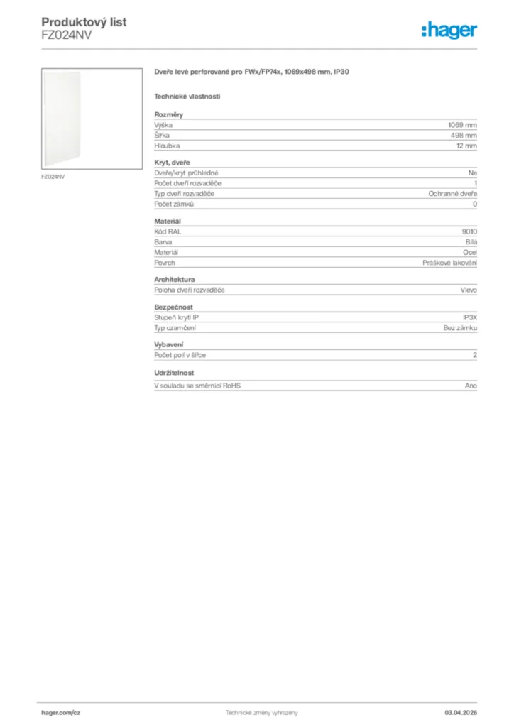 Obrázek Hager Product data sheet FZ024NV | Hager